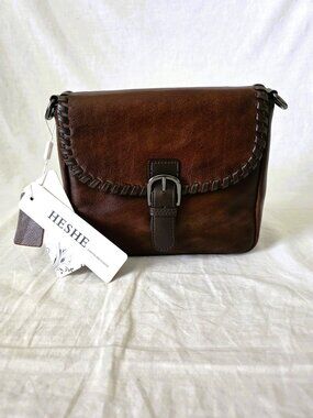 NWT! Heshe Genuine Leather Shoulder/Crossbody Bag with Braided Trim & Two Straps